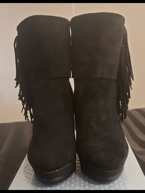 Black Fringe Suede Ankle Boots - Women's